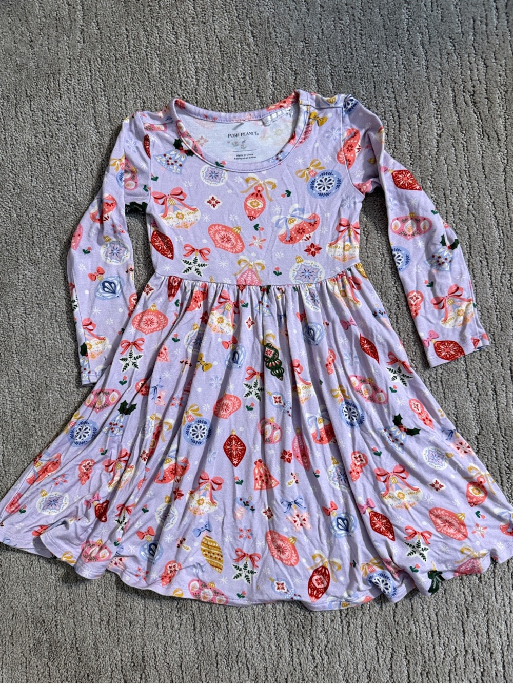 Posh Peanut Lavender Long-Sleeve Holiday Christmas Ornament Print Twirl Dress